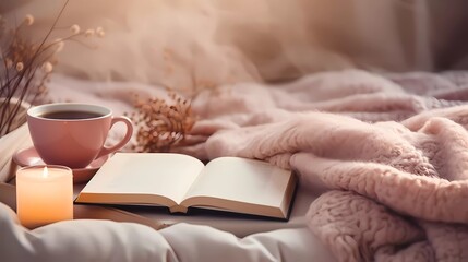 A cup of coffee is on a bed next to a book