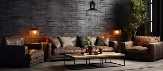 This living room features a variety of modern furniture including a leather sofa, leather chair, and lights. The brick wall adds character and texture to the space.