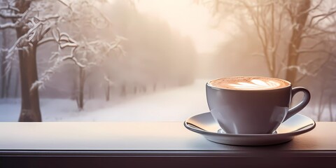 A cup of coffee is sitting on a saucer in front of a window with. Concept of calm and relaxation,...