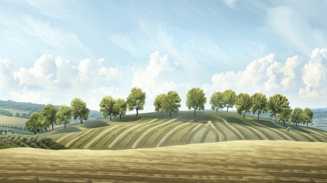 A windbreak of trees shields crops from wind and soil erosion, providing natural barrier protection.