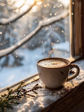A cup of coffee is sitting on a saucer in front of a window with. Concept of calm and relaxation, as the viewer can imagine themselves sitting by the window.