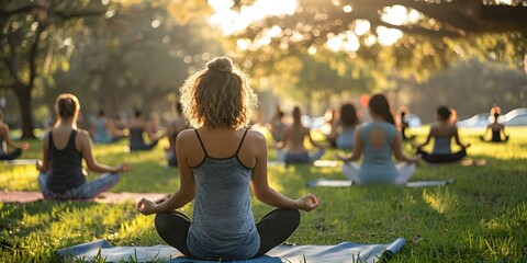 Serene Charity Yoga Class in Park Supporting Mental Health. Concept Outdoor Yoga, Mental Health Support, Serene Setting, Charity Event, Park Atmosphere