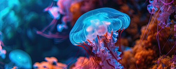 Jellyfish swimming in an aquarium, underwater animals in neon colors in the sea. - obrazy, fototapety, plakaty