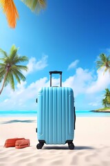 Fototapeta premium A blue suitcase is on the tropical beach. Travel concept banner