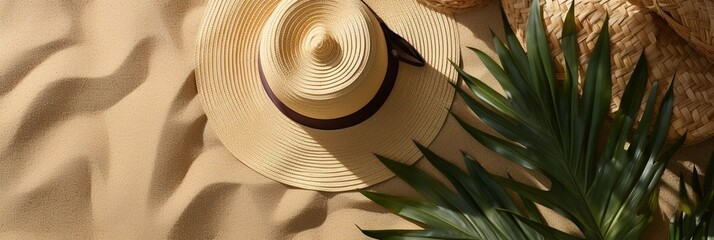 A straw hat is on a beach with a palm tree and orange flowers. The hat is the main focus of the image, and the beach setting creates a relaxed and sunny atmosphere.