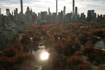 Autumn Central Park in NYC with downtown skyscrapers view from drone. Aerial of NYC Central Park panorama in Autumn. Autumn in Central Park. Autumn NYC. Central Park Fall foliage.