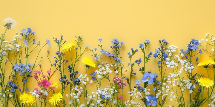 closeup photo of meadow flowers, Forget-me-nots,  gypsophila and dandelion flowers on solid yellow background