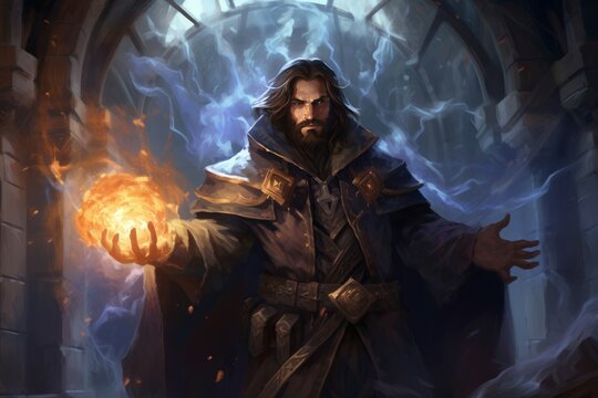 Supernatural Mage adult man fantasy dungeon. Wizard power. Generate Ai