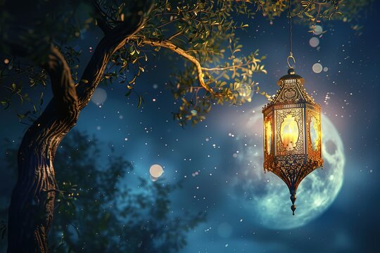 Lantern hanging on tree against night sky with moon 3D rendering, Ai generative