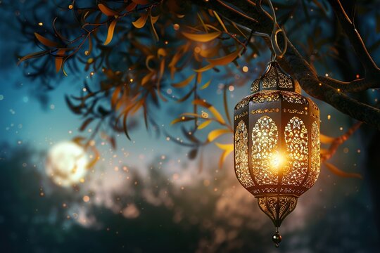 lantern hanging on tree in the forest. Ramadan Kareem background, Ai generative