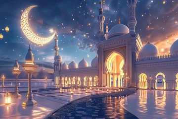 Rolgordijnen Ramadan Kareem background with mosque and crescent. 3d rendering, Ai generative © MuziStock