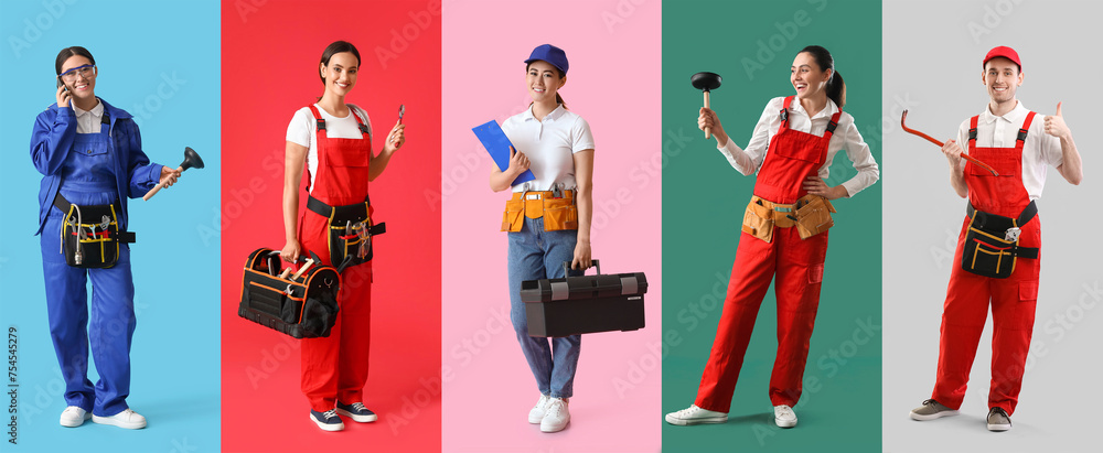 Poster group of different plumbers on color background