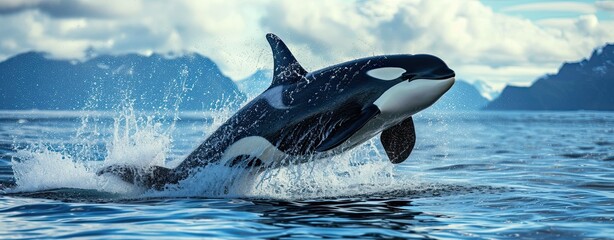 Fototapeta premium jumping orca in summer ocean waters