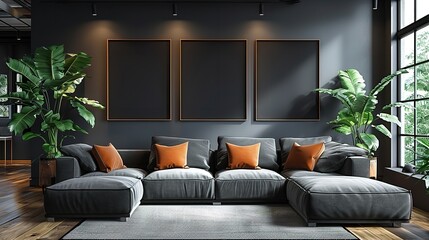 Mockup Frame in Black Living Room Interior with White Furniture