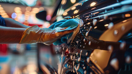 People cleaning car with sponge at car wash - obrazy, fototapety, plakaty