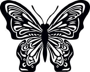 Butterfly. Tattoo. Black and white layout for laser cutting on wood and vinyl. Wall decoration for a stylish room.