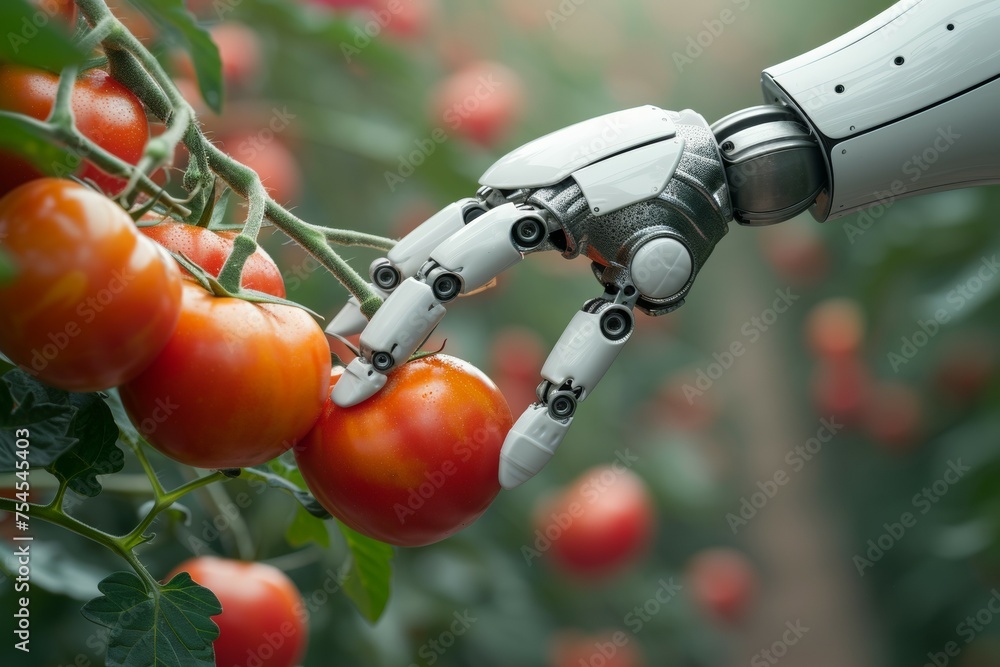 Aufkleber a robot hand works on a modern farm. background with selective focus and copy space