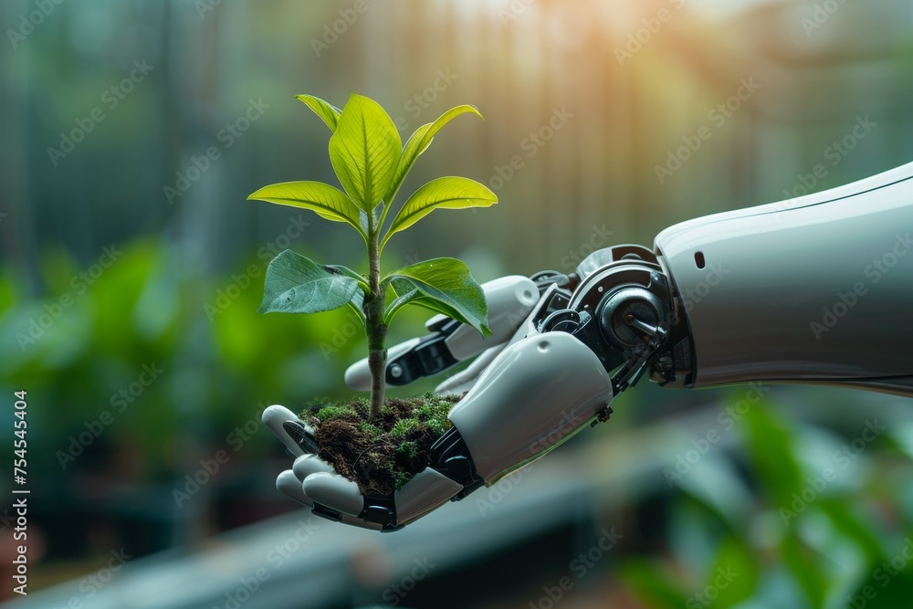 Poster a robot hand works on a modern farm. background with selective focus and copy space