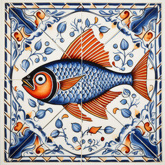 Portuguese sardine fish on typical traditional tile - obrazy, fototapety, plakaty