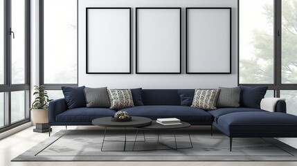 A minimalist living room with a sleek navy blue sofa,  three empty blank wall frames above the sofa. 