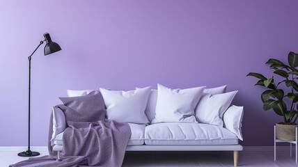 A charming classic bedroom setup featuring a sofa against a muted lavender background wall.