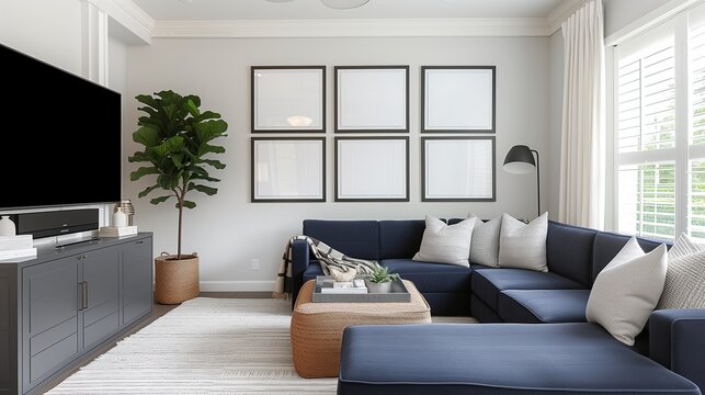 A lively entertainment room with a navy blue sectional sofa and six empty wall frame mockups