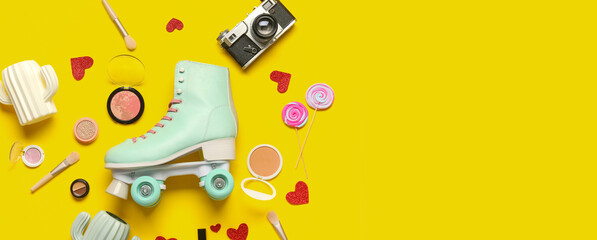 Composition with vintage roller skate, photo camera and cosmetic products on yellow background - obrazy, fototapety, plakaty