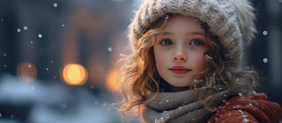 A cute little girl wearing a warm winter hat and scarf, surrounded by snow in the city. She looks cozy and bundled up for the cold weather.