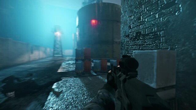 Spawning on the map of the military video game. Playing through the level of a new military video game. Shooting at the ai terrorist enemies in the single player military combat video game. FPS.
