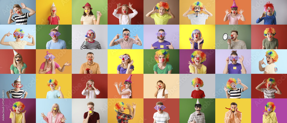 Poster Collage of many funny people in disguise on color background. April Fools' Day