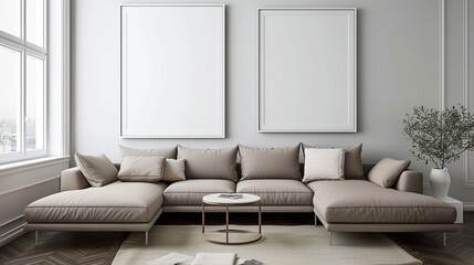 A stylish, contemporary space with a taupe sectional and empty white frames