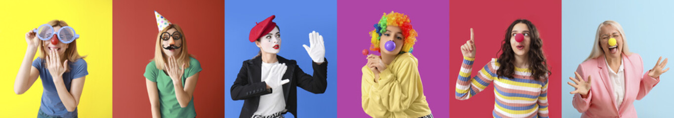 Collage of different funny people in disguise on color background. April Fools' Day