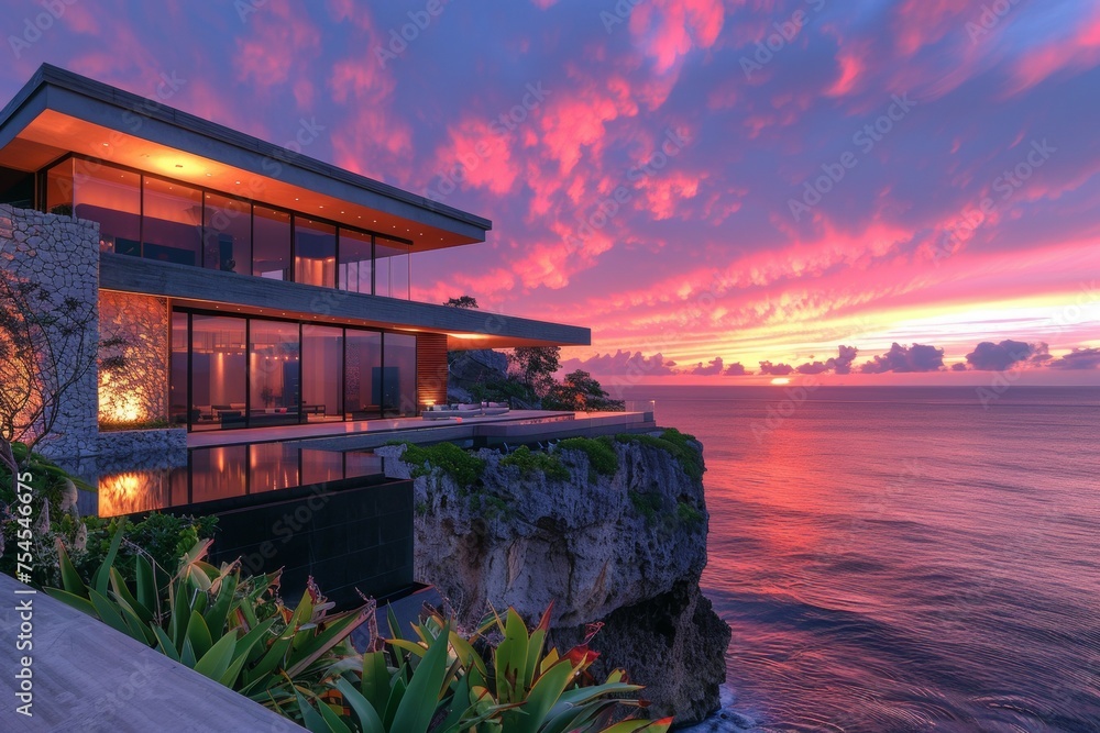 Poster a large house with a pool and a view of the ocean