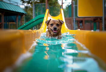  Dog playing in a pool on the yellow slide.