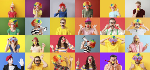 Collage of many funny people in disguise on color background. April Fools' Day