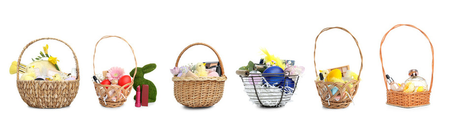 Set of Easter gift baskets with makeup cosmetics on white background