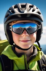 Young boy wearing helmet and sunglasses glasses stands confidently before towering mountain backdrop ready for adventure, exploration. He may be gearing up for bicycle ride, other outdoor activity.