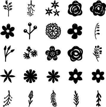 Set of black silhouettes of flowers and plants. Vector illustration. Minimalist collection of flowers, in boho style. Laser cutting, mock-up of earrings and designs