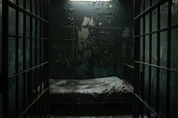 A dark room with a bed. Prison room