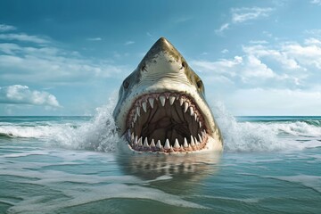 A shark is in the water with its mouth open - obrazy, fototapety, plakaty