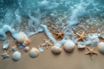 A beach scene with a variety of shells and starfish scattered across the sand