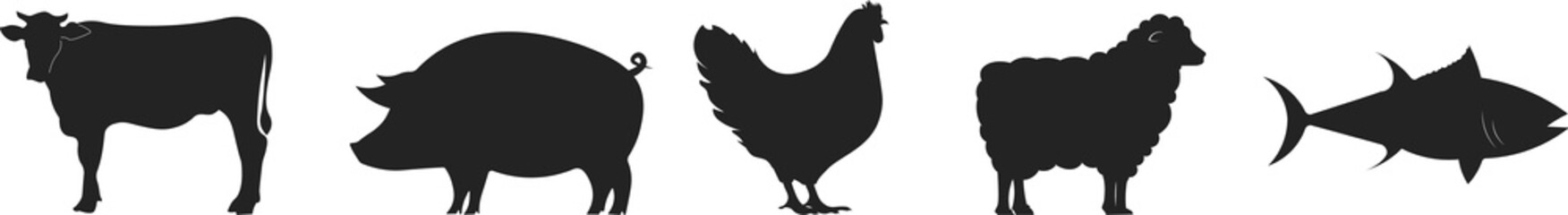 Bundle set pictogram icon of animals, cow, pig, chickem, lamb, fish © AndiPoe