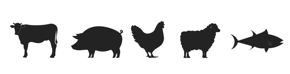 Bundle set pictogram icon of animals, cow, pig, chickem, lamb, fish