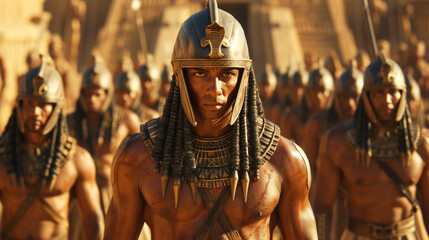 Ancient Egyptian elite commander with his army of warriors. - obrazy, fototapety, plakaty