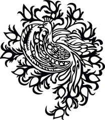peacock bird. Black and white layout for laser cutting on wood and vinyl. Wall decoration for a stylish room.