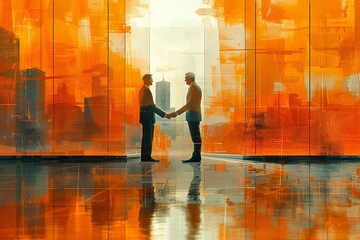 two people shaking hands with a glowing light in a dark night city