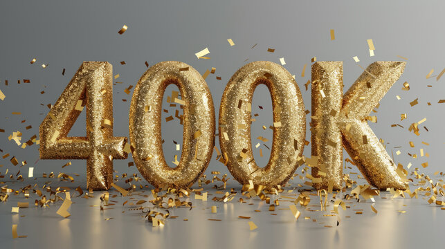 400k followers celebration. Social media achievement. 400k followers thank you lettering. Golden sparkling confetti ribbons.