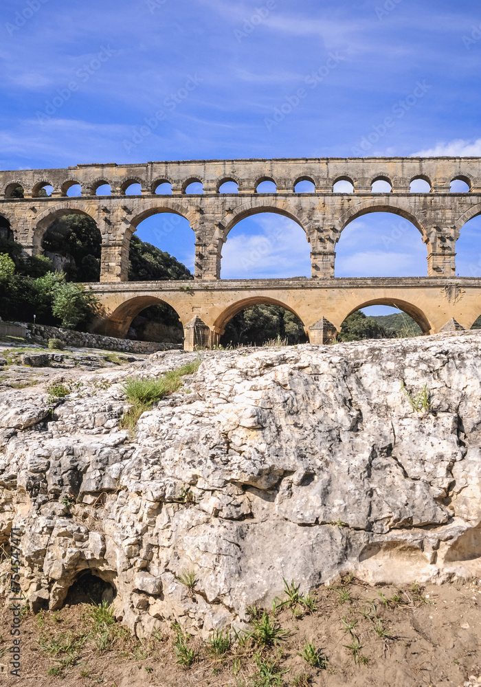 Sticker Ancient Roman bridge Pont du Gard over Gard river near Vers-Pont-du-Gard town, France