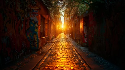 Photo sur Plexiglas Ruelle étroite Narrow alleyway bathed in the golden hour sunlight