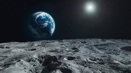 view from the surface of the moon to the blue planet earth. breathtaking views in space. Generative AI